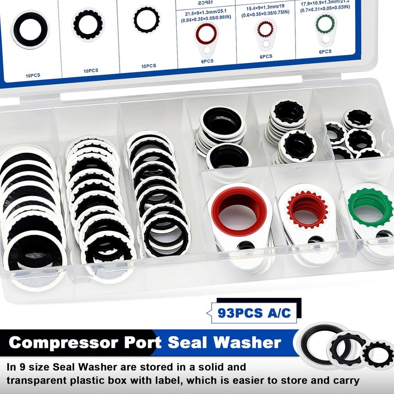 Daptemn 93PCS A/C Compressor Seal Washers Assortment Kit, 9 Sizes Air Conditioning System Compressor Port O-Rings, Replace Universal Automotive Self-Centered Bonded Sealing Washers (ID: 8mm-17.5mm) - Image 3